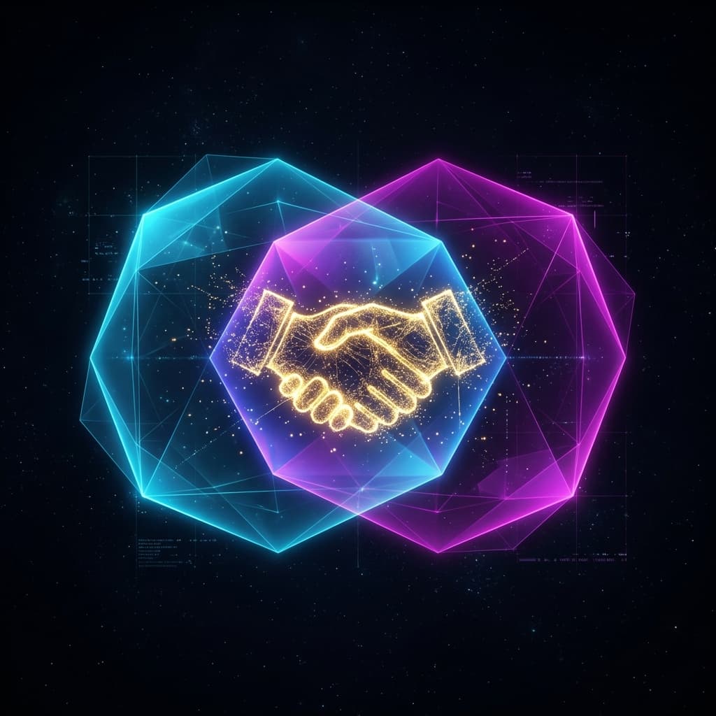 An abstract representation of a ZOPA: two translucent, glowing geometric shapes overlapping in the center with a golden handshake icon.
