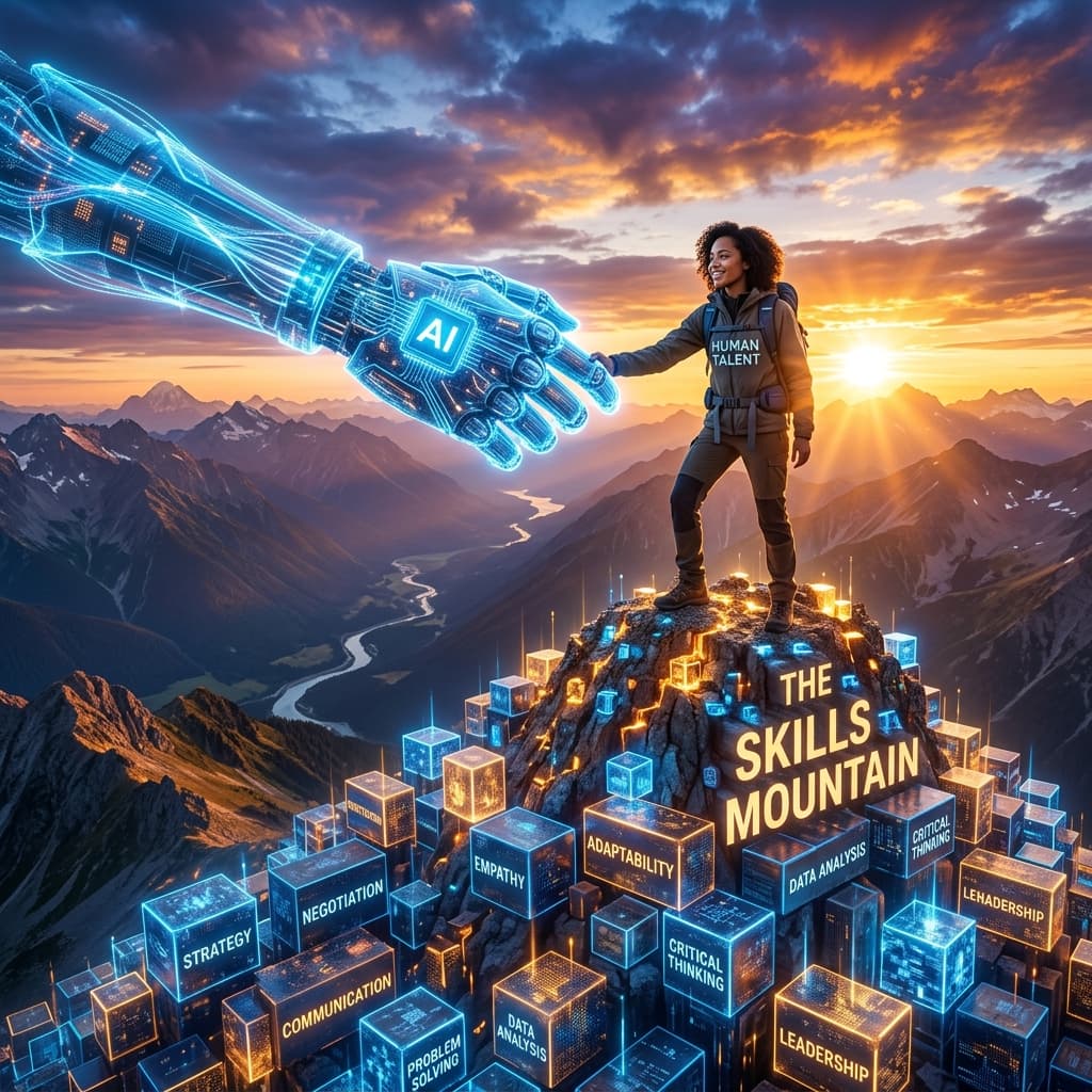 A person shaking hands with a large robotic hand made of blue light on a mountain of digital blocks representing different skills.