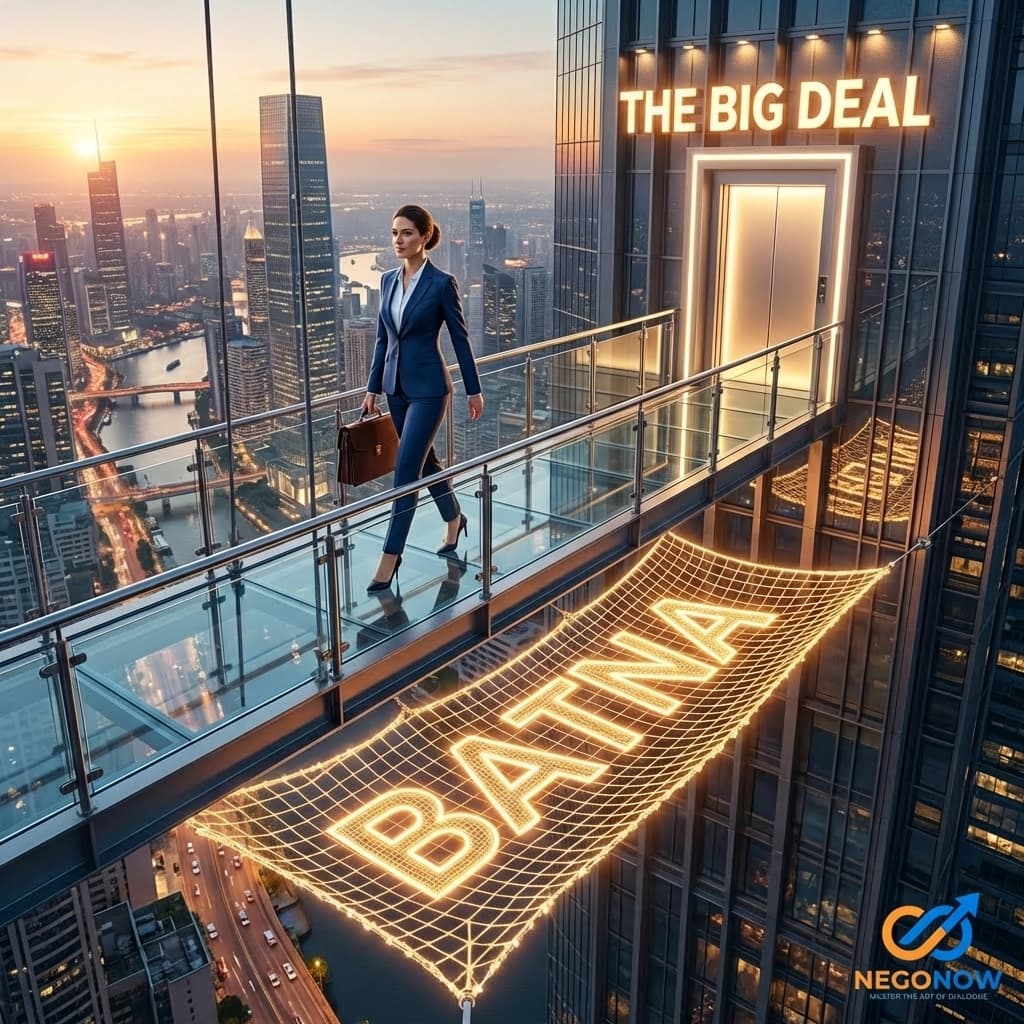 A professional walking across a glass bridge above a city. Beneath is a glowing safety net labeled BATNA.