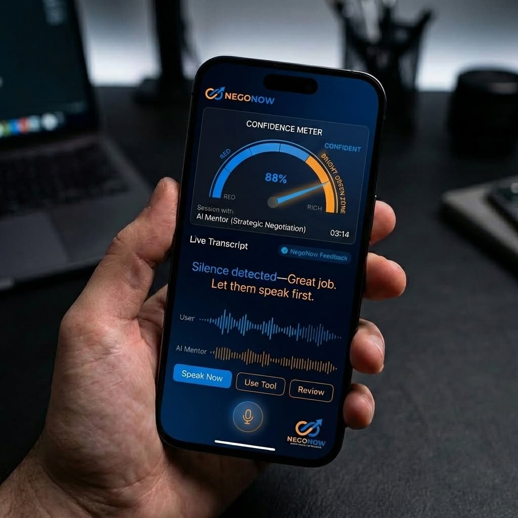 NegoNow app interface showing a Live Roleplay session and a Confidence Meter.