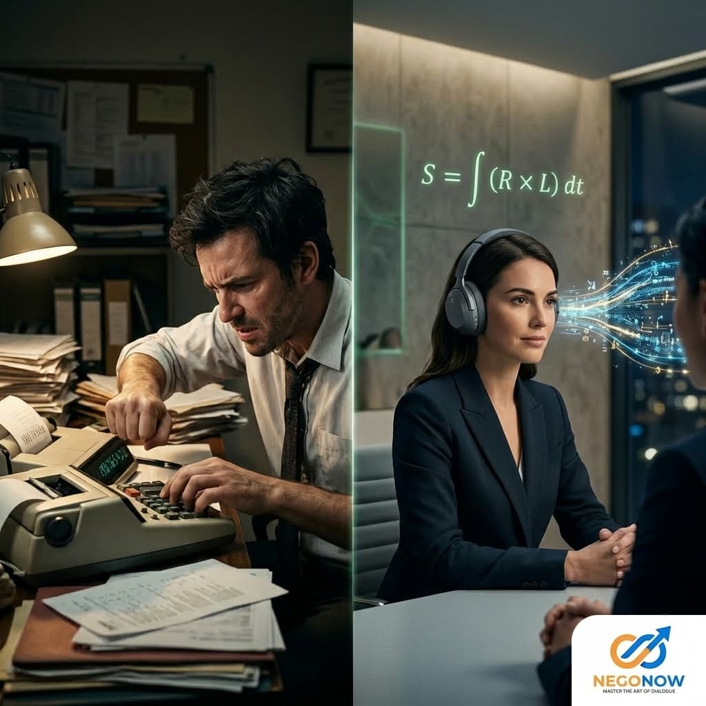 A split scene showing a stressed numerical calculation vs a calm data-driven listener.