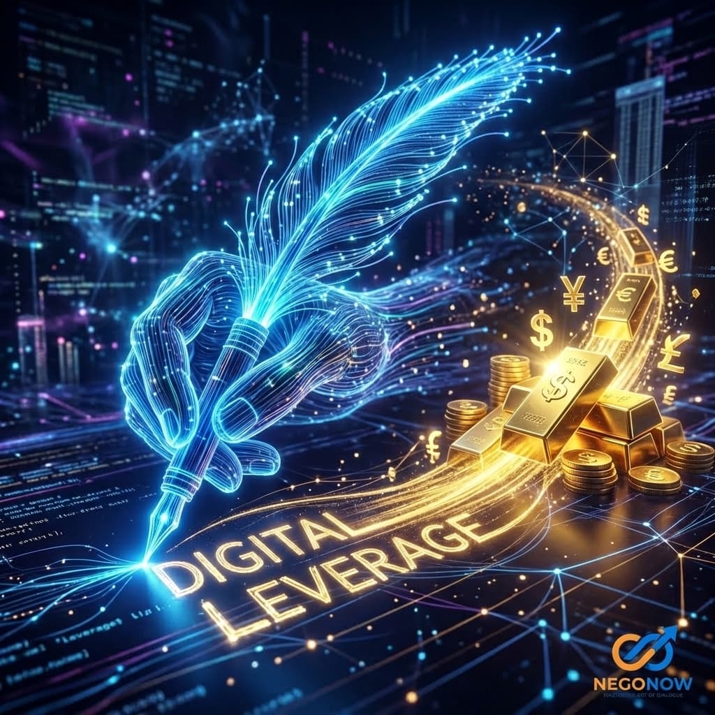 An abstract concept of 'Digital Leverage.' A quill pen made of blue fiber-optic cables writing into a glowing digital void.