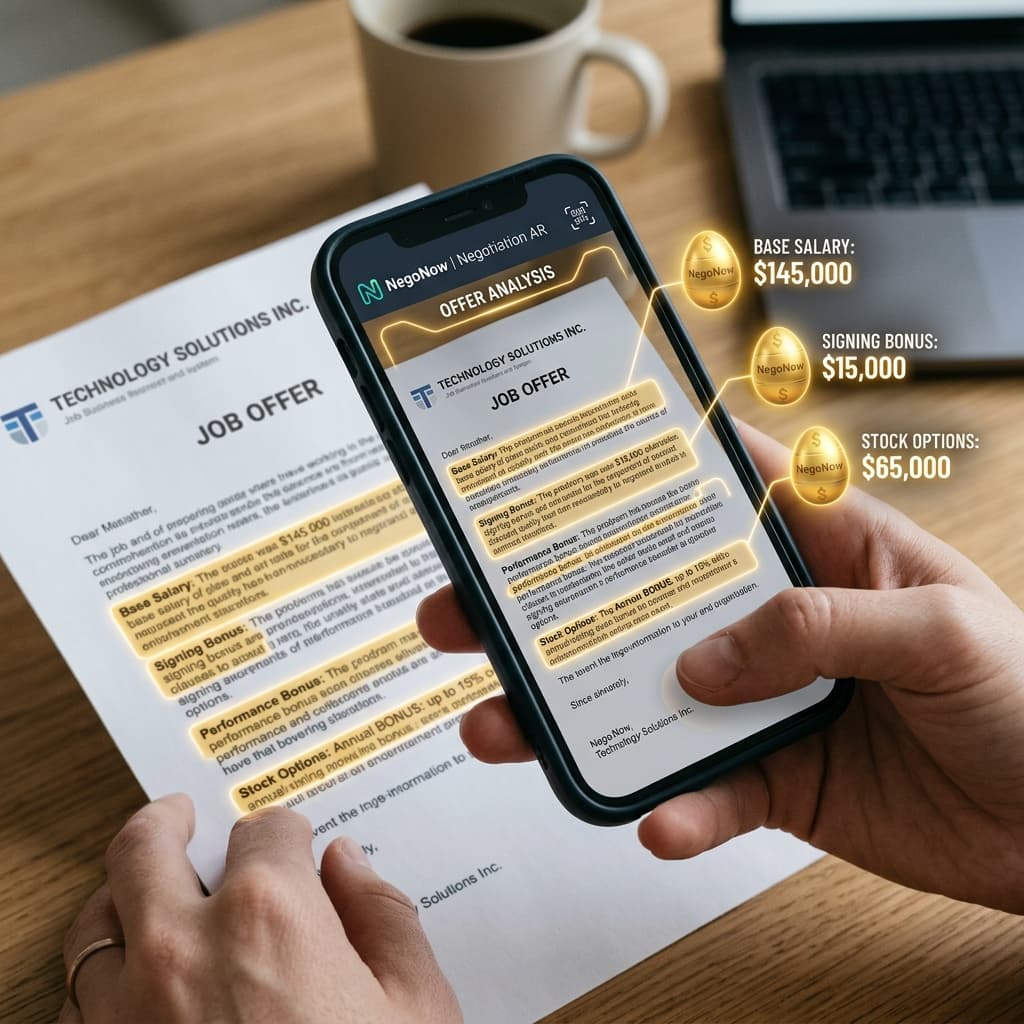 A hand holding a smartphone scanning a job offer, with the NegoNow app highlighting hidden value as 'Easter Eggs'.