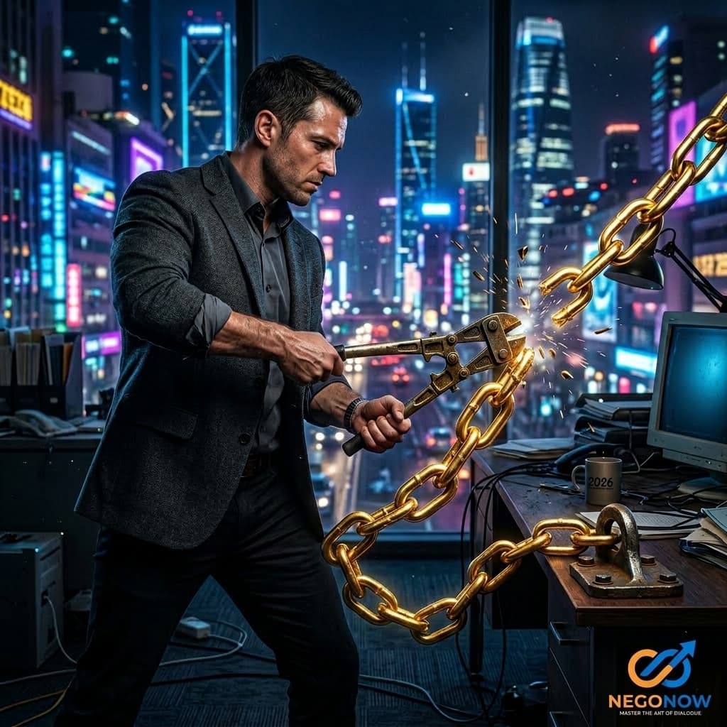 A professional breaking a golden chain tethered to a desk in a futuristic cityscape