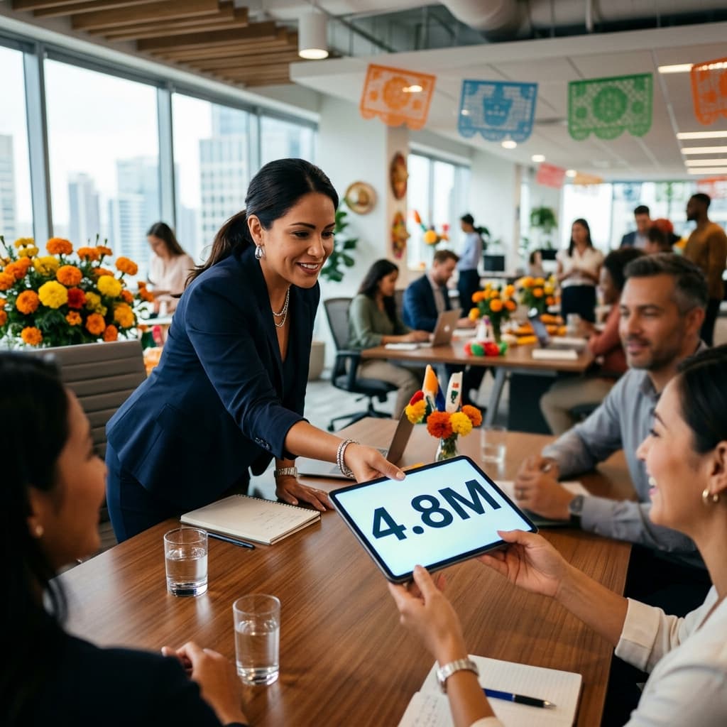 A vibrant, cinematic wide shot of a modern office decorated with subtle, elegant Cinco de Mayo accents. In the foreground, a confident professional is sliding a digital tablet across a table showing a bold numerical figure.