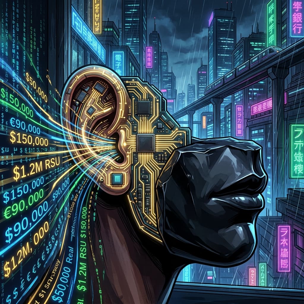 A cyber-noir digital illustration of a human ear rendered as a circuit board receiving data streams, while a mouth is depicted as solid obsidian.