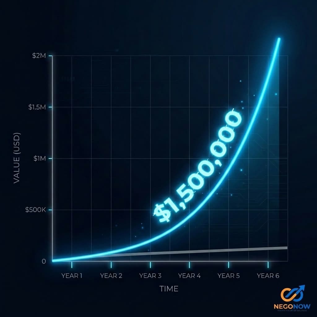 A minimalist data visualization showing two divergent lines on a dark background. One line is flat and grey; the other is a vibrant, neon blue curve that spikes upward exponentially showing $1,500,000.