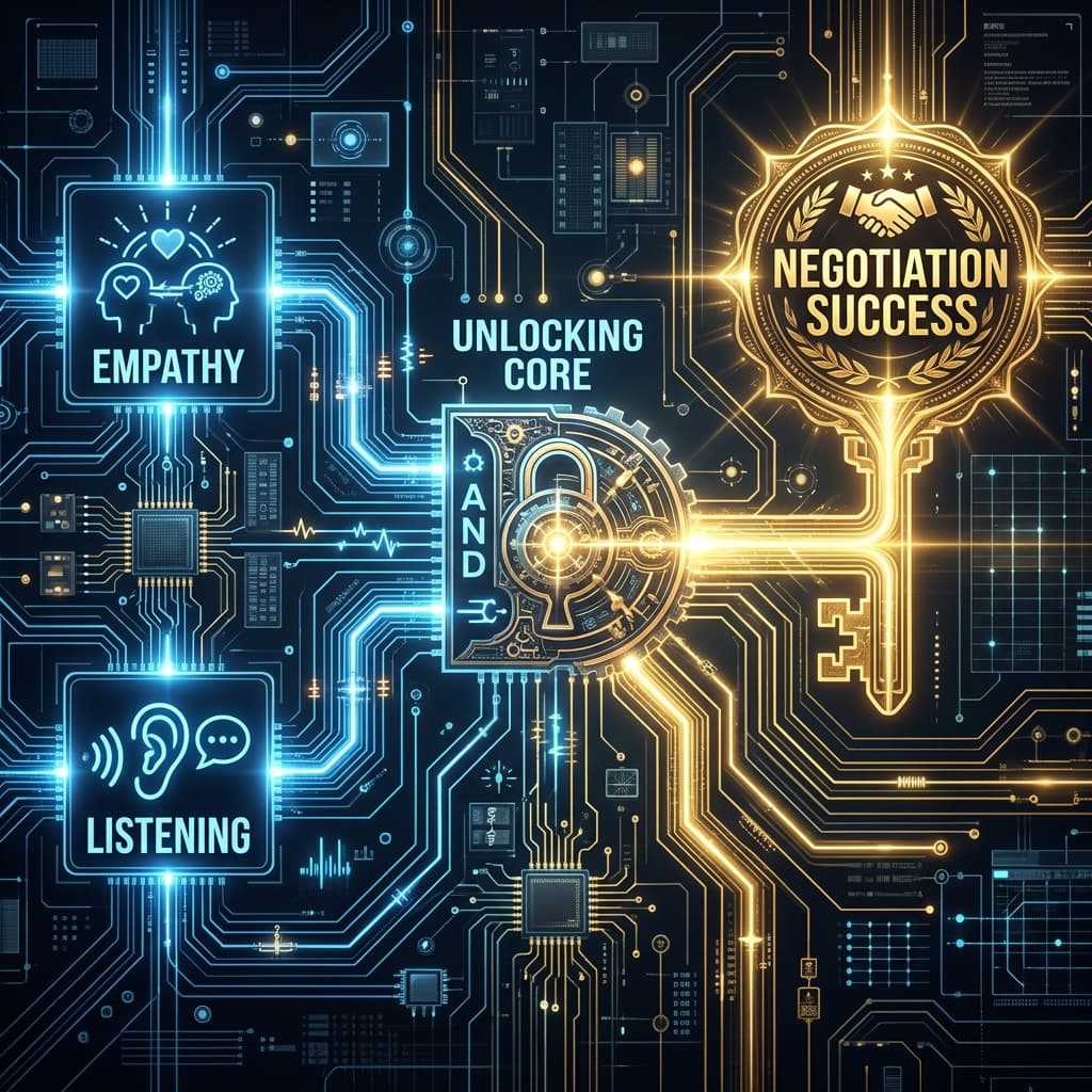 An abstract 'logic gate' diagram where 'Empathy' and 'Listening' are the inputs that unlock a golden 'Negotiation Success' output. Glowing circuitry, intricate detail.