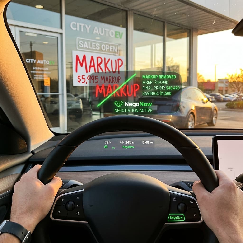 A first-person perspective shot from the seat of a modern EV, looking through the steering wheel at a car dealership window. On the glass, a bright red MARKUP sign is being crossed out by a digital HUD overlay displaying green negotiation data and NegoNow branding.