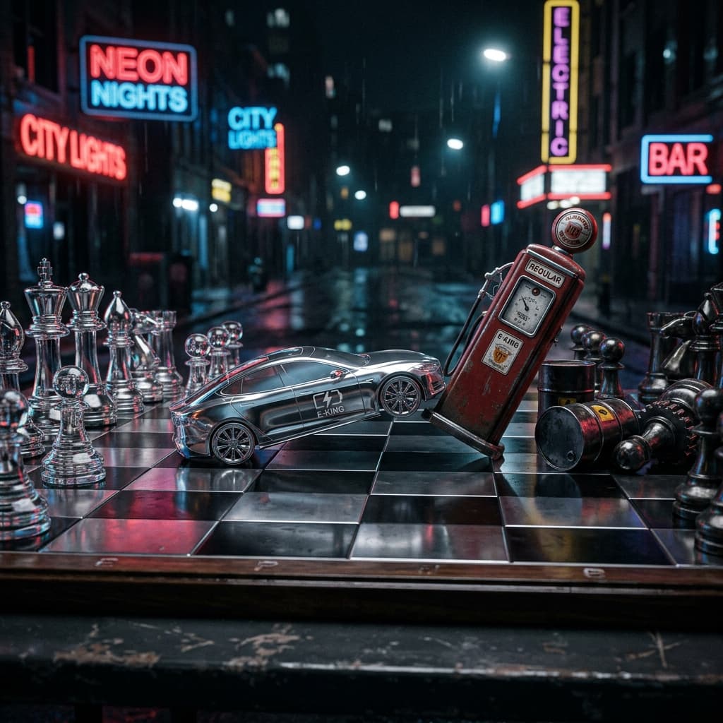 A cinematic, high-contrast image of a chess board where the pieces are made of chrome and glass. On one side, a king piece shaped like a vintage gas pump is being tipped over by a sleek, minimalist electric car piece.