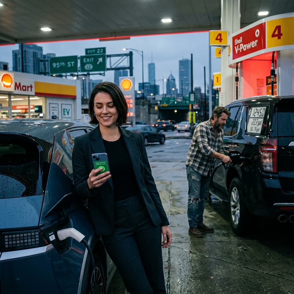 A medium shot of a confident professional in their 30s standing at a gas station, leaning against a sleek EV. They are looking at their phone with a slight, knowing smirk while in the background, a person is looking stressed while fueling a massive SUV.