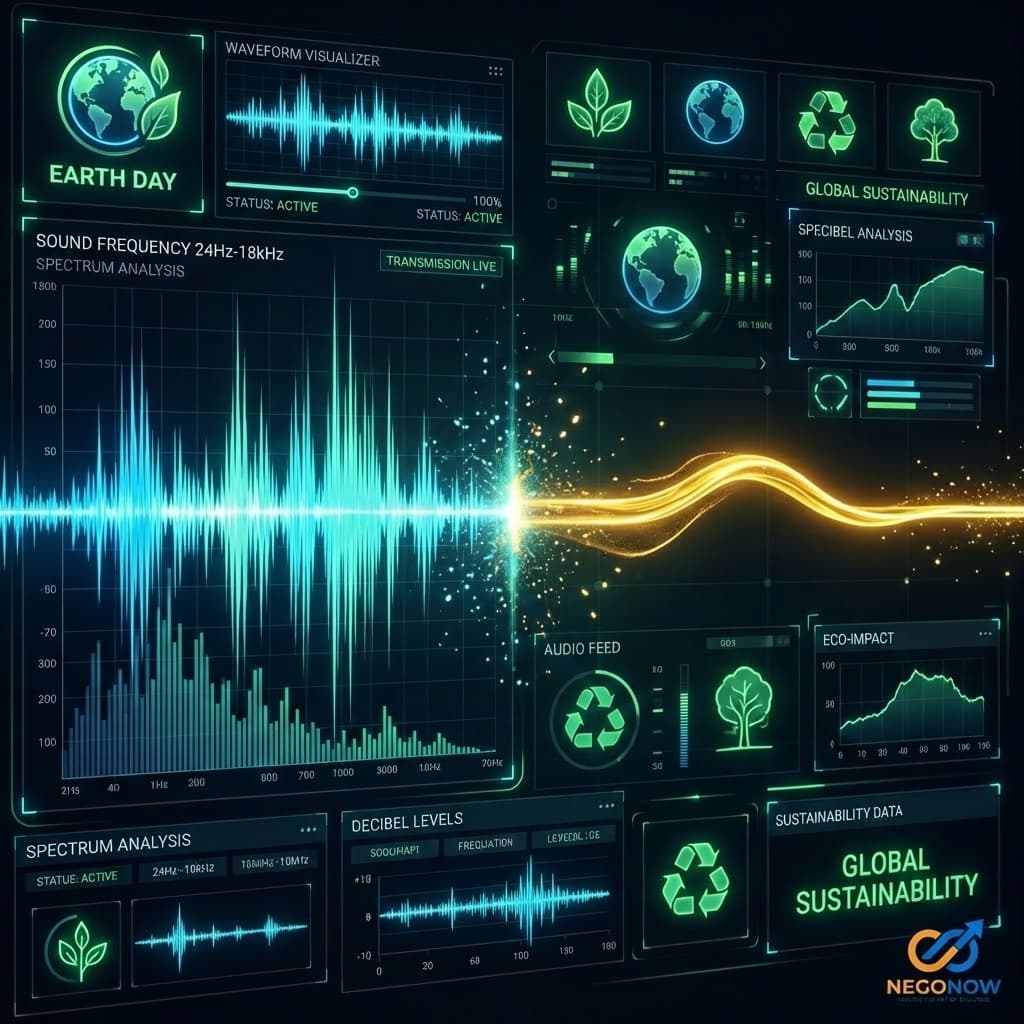 A digital visualization of a sound wave that suddenly turns into a solid, glowing golden line. The background is a dark, tech-themed interface with translucent Earth Day icons.