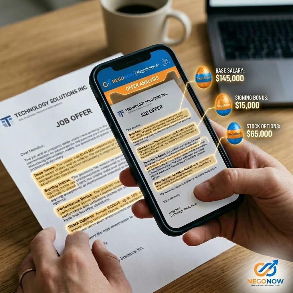 A hand holding a smartphone scanning a job offer, with the NegoNow app highlighting hidden value as 'Easter Eggs'.