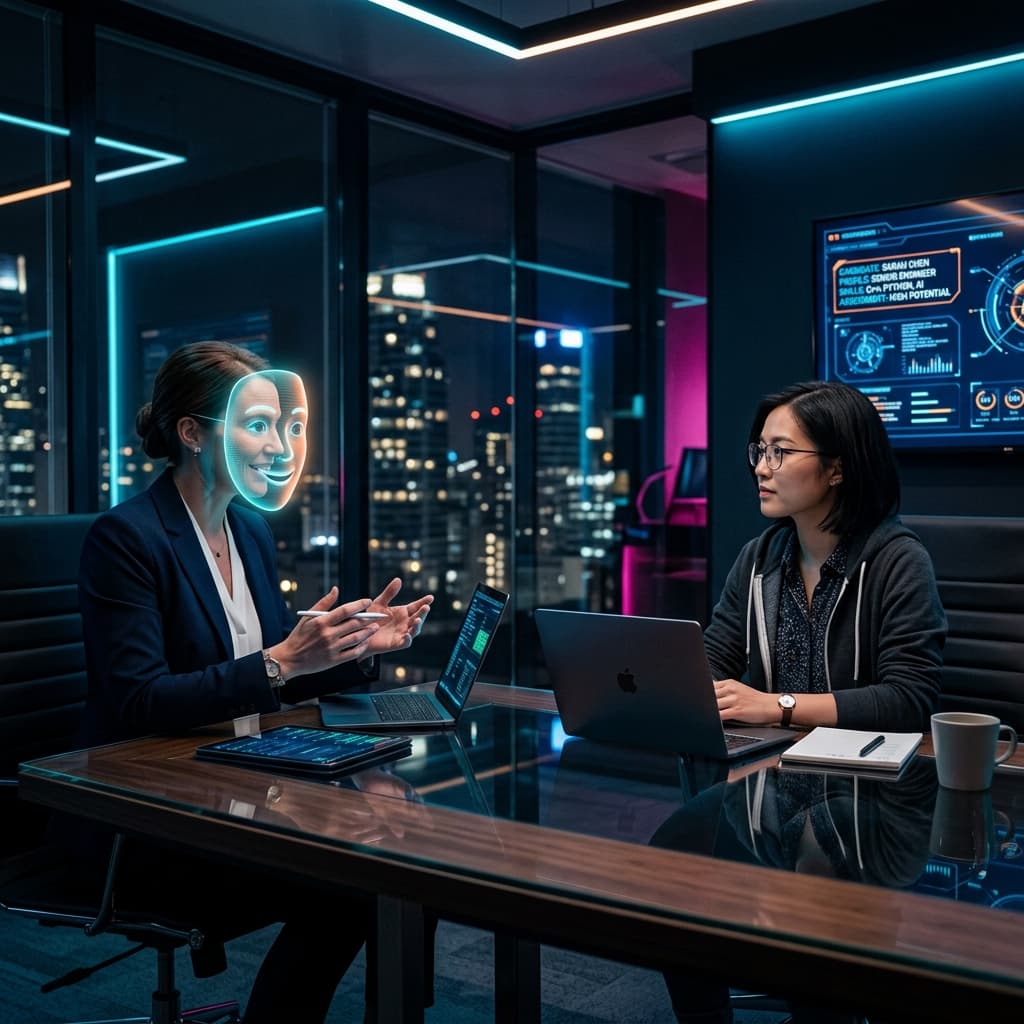 A professional recruiter whose face is partially covered by a glowing, semi-transparent digital mask showing an artificial, smiling avatar, facing a calm software engineer.