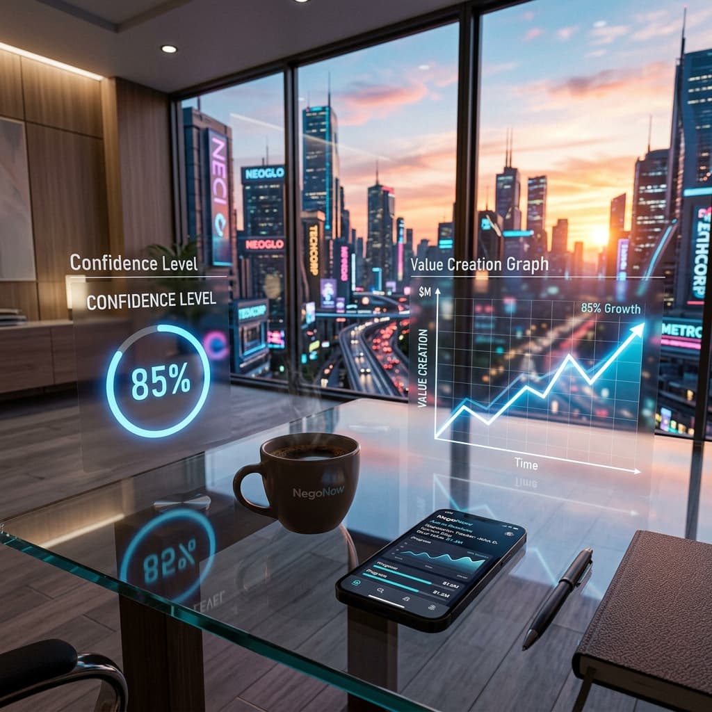 Cinematic, high-tech aesthetic. A first-person POV looking at a sleek, transparent glass desk in a modern office.