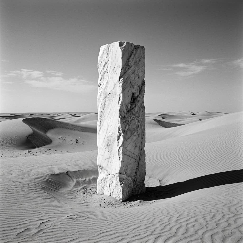 A minimalist architectural shot of a massive, solid marble pillar standing in the middle of a shifting sand desert.