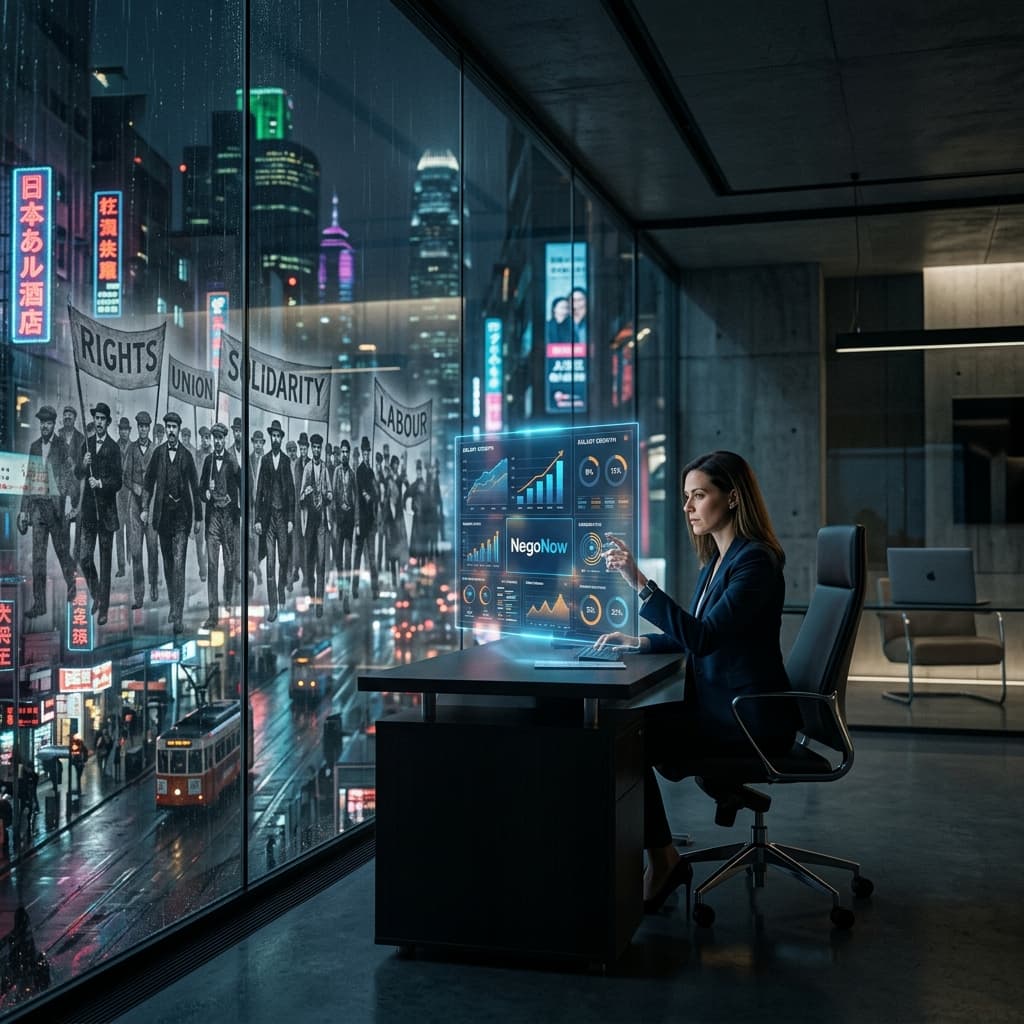 A high-tech, cinematic shot of a modern professional sitting in a minimalist glass office. In the reflection of the window, you see the ghostly, 19th-century silhouettes of industrial workers holding banners.