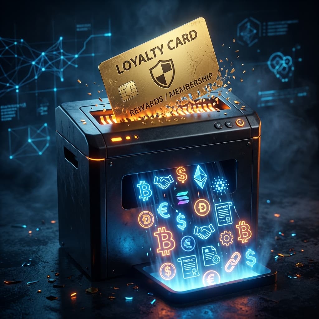 A conceptual 3D render of a golden Loyalty Card being shredded by a paper shredder.
