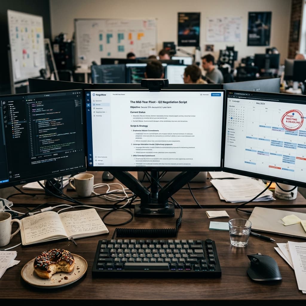 A messy desk with three monitors showing a coding project, NegoNow script, and a calendar.