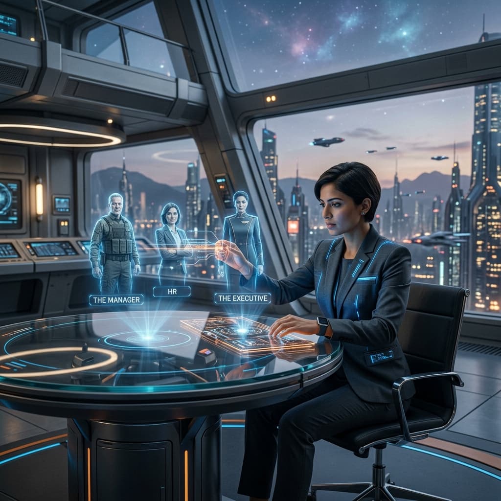 A cinematic shot of a professional sitting at a round glass table in a futuristic, high-altitude boardroom. Around the table are three holograms representing 'The Manager,' 'HR,' and 'The Executive.' The professional is using a glowing interface to align the holograms. Star Wars-inspired aesthetic, clean lines, 8k.