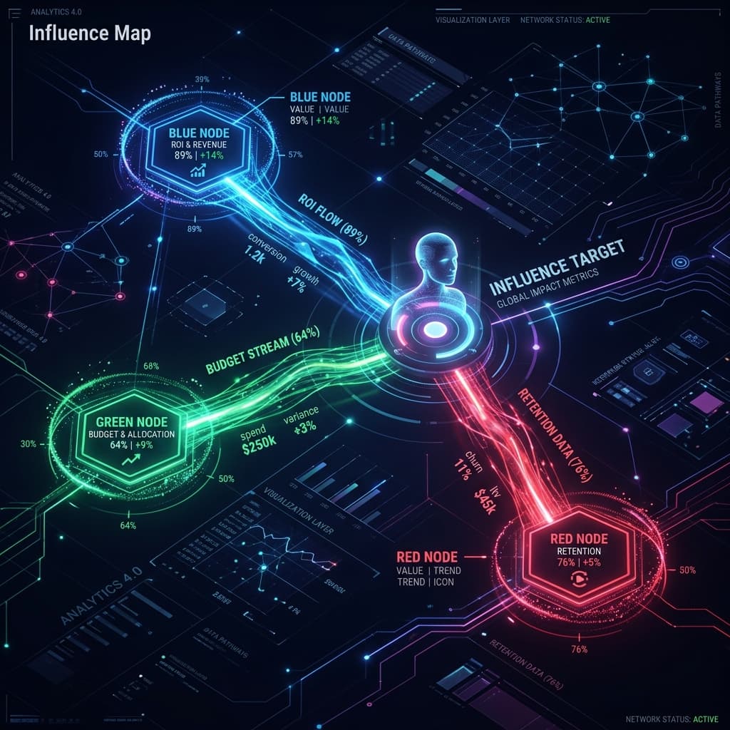 A digital 'Influence Map' showing three distinct colored nodes (Blue, Red, Green) connected by glowing lines of light to a central figure. The lines represent different data streams like 'ROI,' 'Retention,' and 'Budget.' High-tech, data-viz style, dark mode UI.