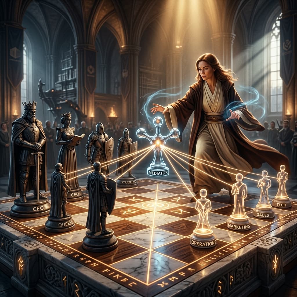 An artistic representation of a 'Negotiation Chessboard' where the pieces are stylized representations of corporate roles. A 'Jedi' figure is calmly moving a piece into a position that connects all other pieces. Dramatic lighting, epic scale, hyper-realistic.