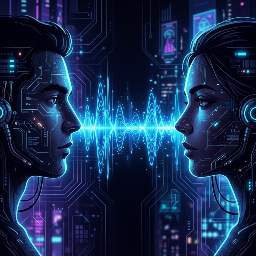 A close-up, high-tech digital illustration of two human profiles facing each other. Between them, sound waves are flowing. One profile's sound waves are 'mirroring' the other's in a perfect, glowing blue symmetry.