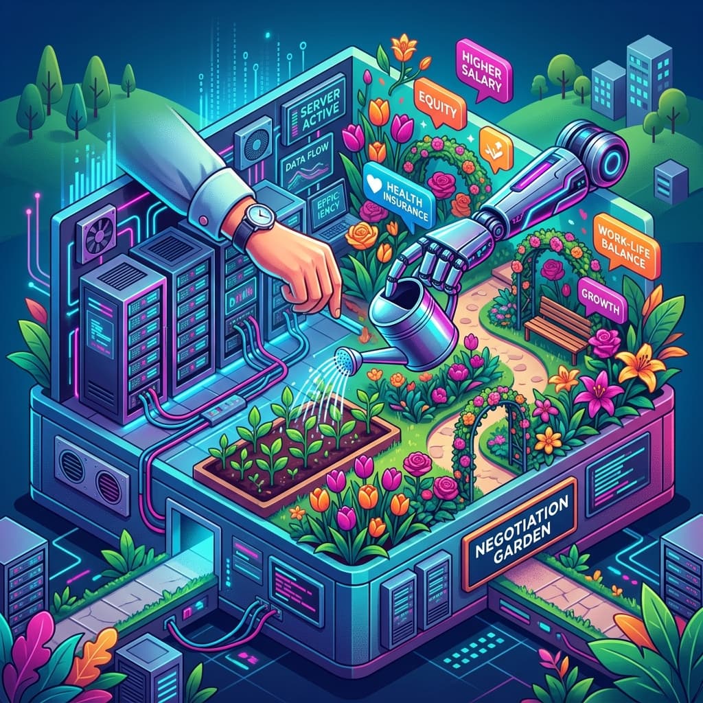 A 3D isometric illustration of a Negotiation Garden. Half the garden is blooming with vibrant flowers (representing successful perks/benefits), and the other half is a high-tech server room.