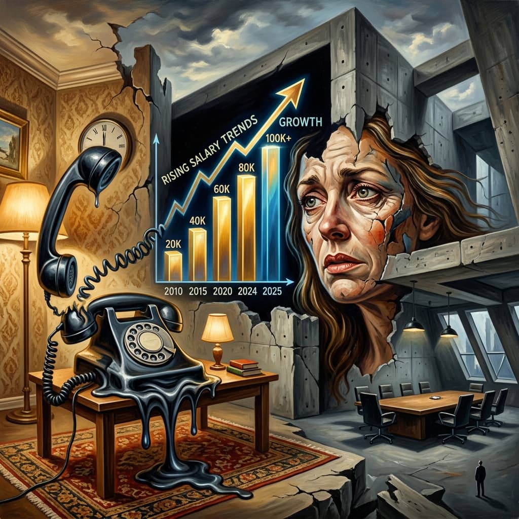 A surrealist painting in the style of Salvador Dalí showing a melting telephone and a mother’s face. The telephone cord transforms into a bar graph showing rising salary trends.