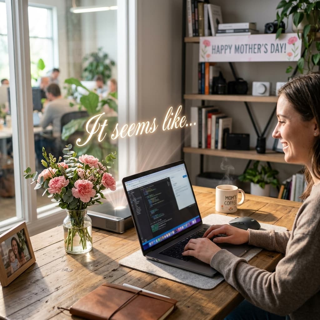 A 'Mother's Day' themed tech office: a desk with a laptop, a small vase of pink carnations, and a digital holographic screen displaying the words 'It seems like...' in an elegant, glowing font.