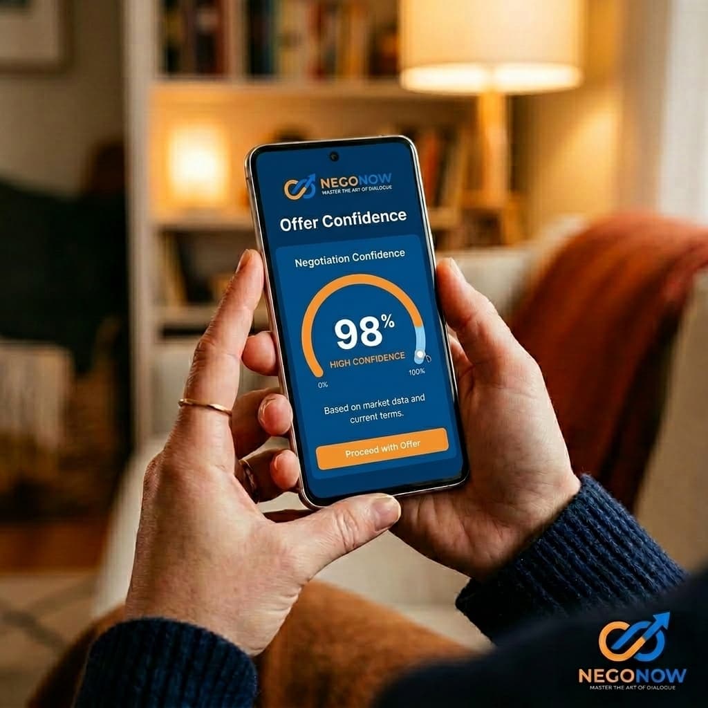 A person holding a phone showing the NegoNow app's Negotiation Confidence meter at 98%