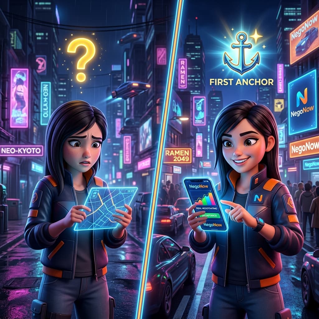 A split-screen visual showing a hesitant person versus a determined professional using NegoNow to set a first anchor.