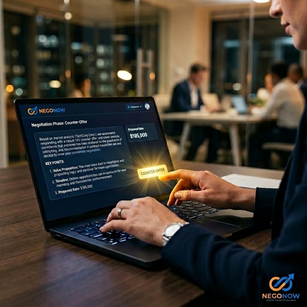 Close-up of a professional’s hands typing on a glowing laptop with a NegoNow AI script visible and a radiating 'Counter-Offer' button.