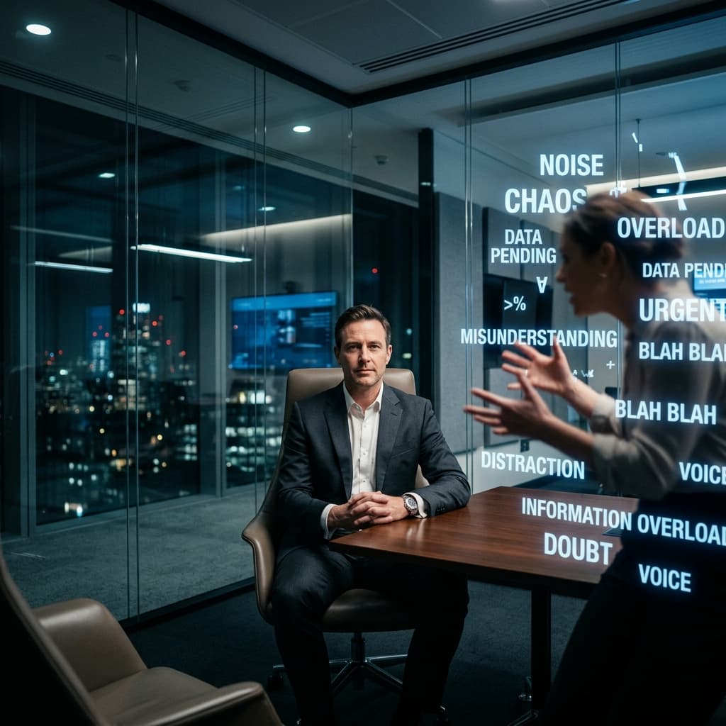 A high-contrast, cinematic shot of a person sitting perfectly still in a modern office, surrounded by chaotic noise from the opposite figure.