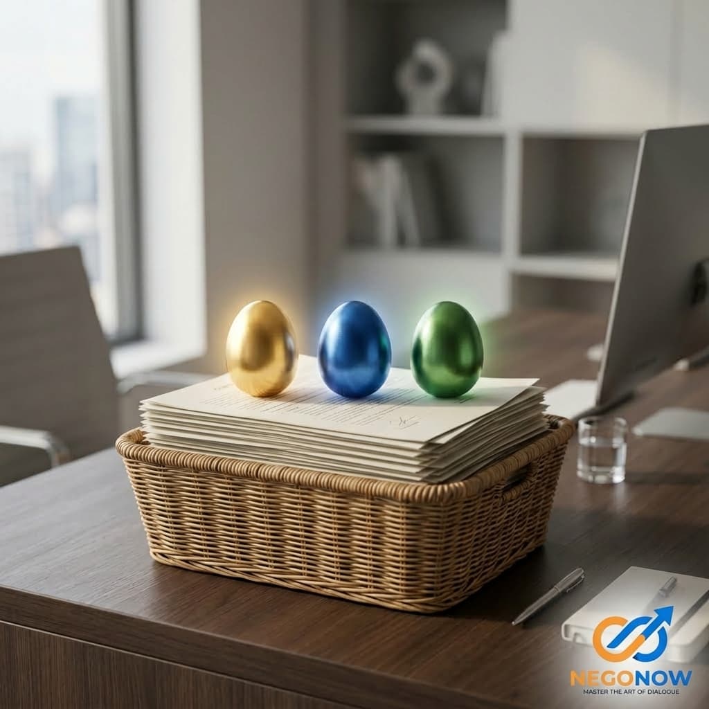 A high-end wicker basket on a professional desk containing contract papers and three glowing metallic eggs representing hidden value.