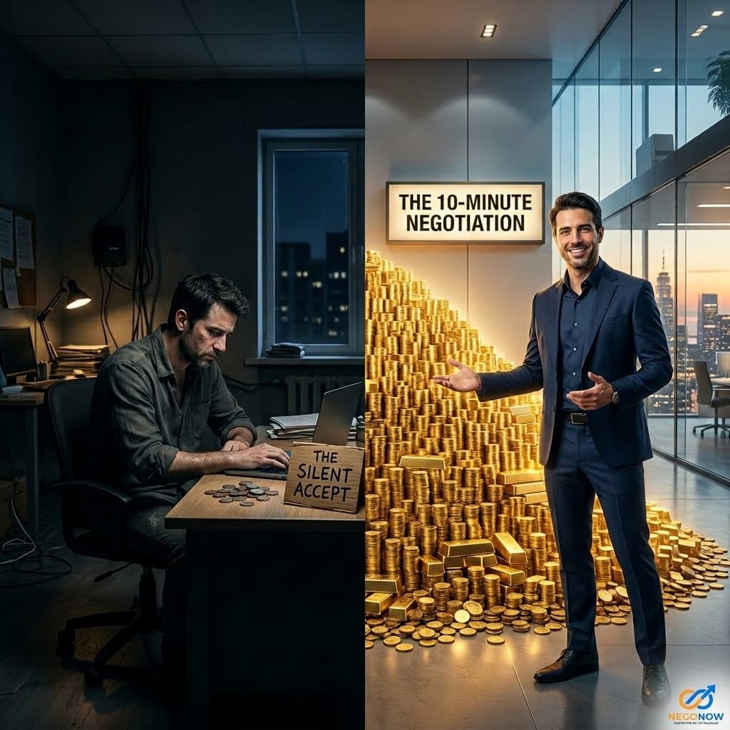 A high-contrast, cinematic split-screen showing a person accepting an offer silently on the left vs a glowing mountain of gold coins behind them on the right for negotiating.