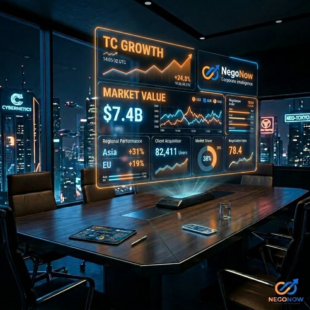 A glowing futuristic dashboard showing TC Growth and Market Value in a cyberpunk boardroom