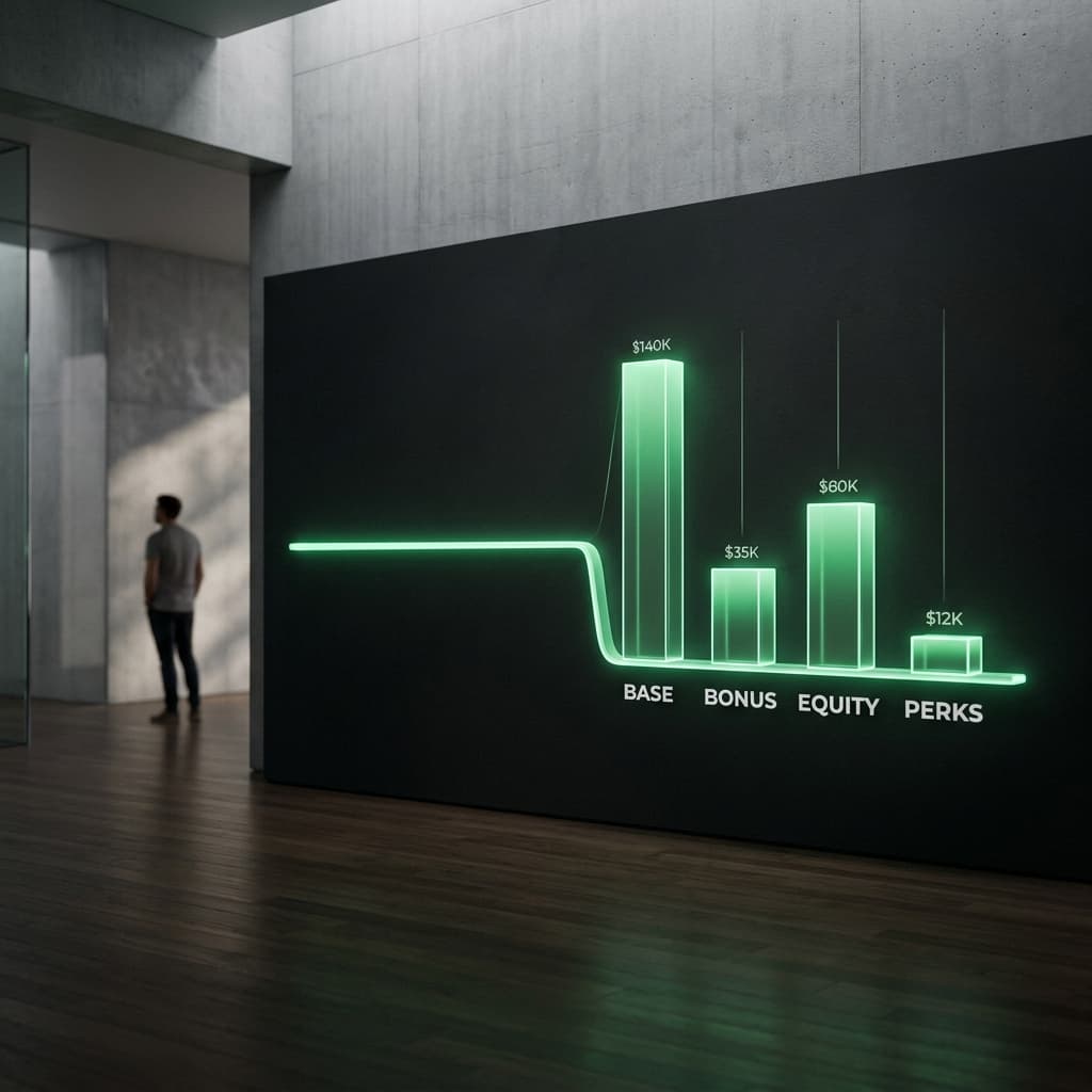 A silent soundwave transforming into a rising bar chart representing Base, Bonus, Equity, and Perks.