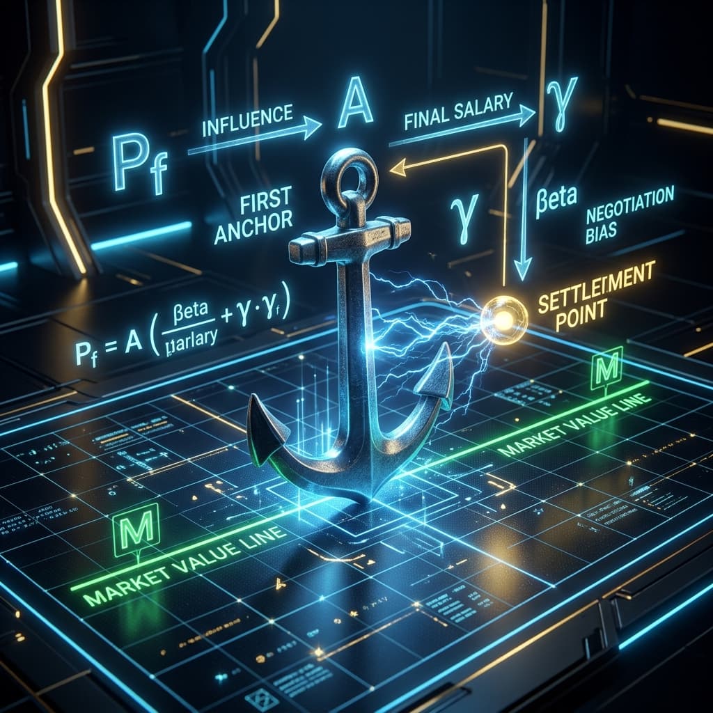 An infographic-style 3D render of a ship's anchor made of glowing blue circuit lines, dropping into a sea of data points.