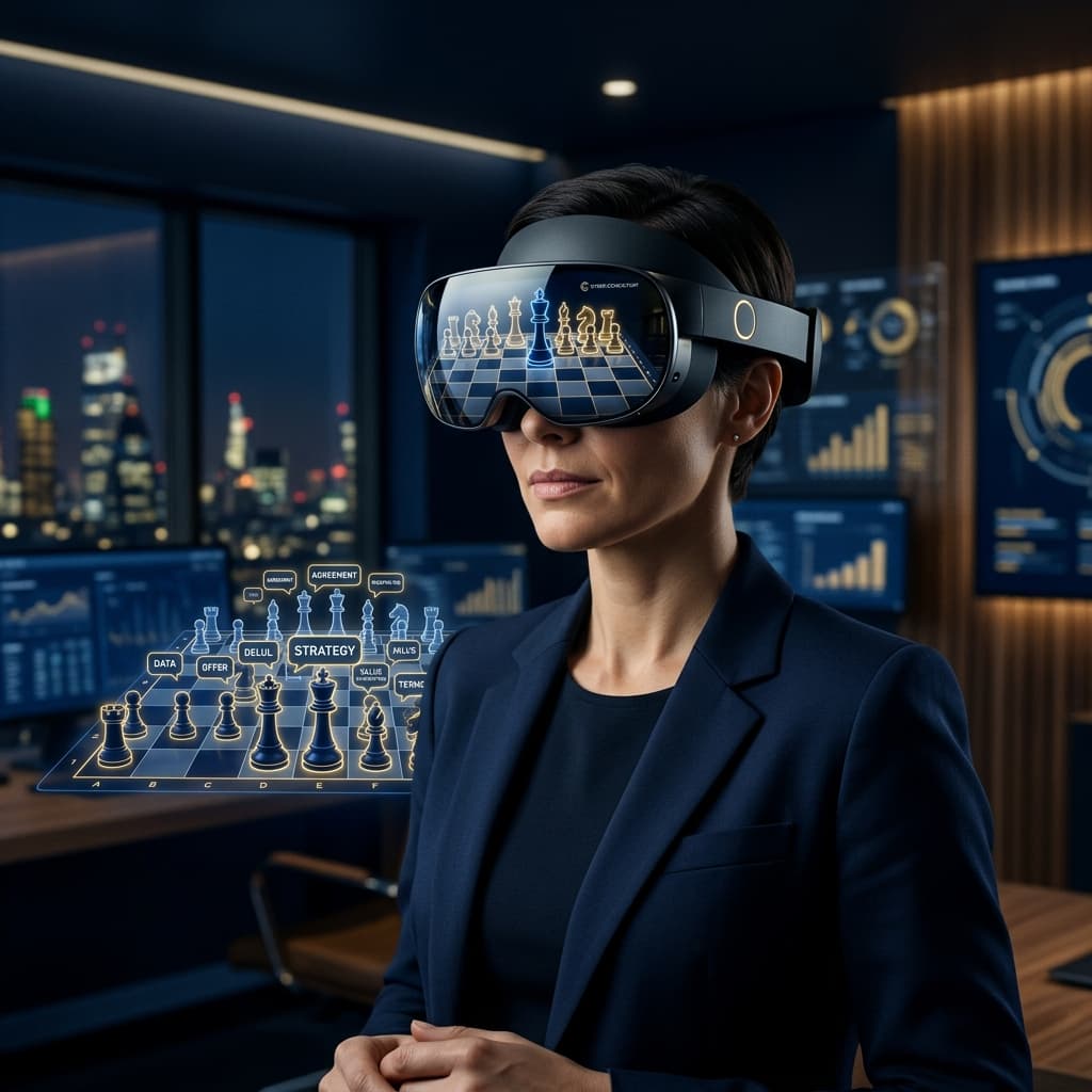 A professional wearing a minimalist, stylish VR/AR headset, looking intense yet calm.