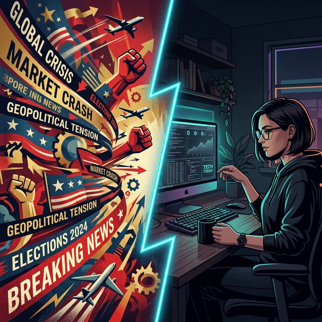 A split-screen illustration showing a chaotic blur of news and political symbols on the left, and a calm professional at home on the right.