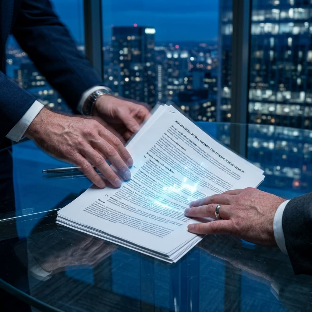 A close-up of two hands sliding a dense corporate contract across a glass table with a glowing holographic highlight.