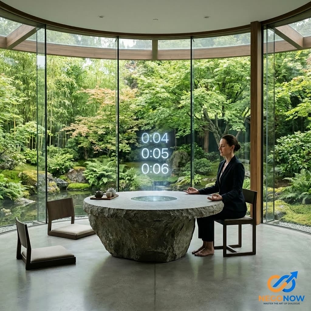 An artistic representation of a 'Zen' boardroom. A single professional sits in a meditative yet authoritative posture. Above the table, a holographic timer counts 0:04, 0:05, 0:06.