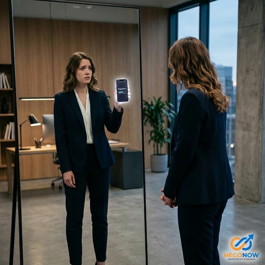 A professional stands in front of a mirror transitioning from fear to confidence with NegoNow app.