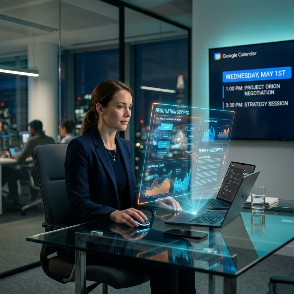 A high-tech, cinematic shot of a modern professional sitting at a glass desk, looking at a glowing holographic interface showing negotiation scripts and data visualizations.