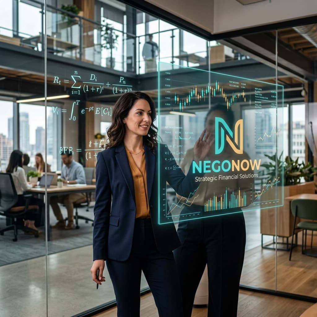A professional woman looking confidently at a transparent glass screen displaying complex financial formulas.