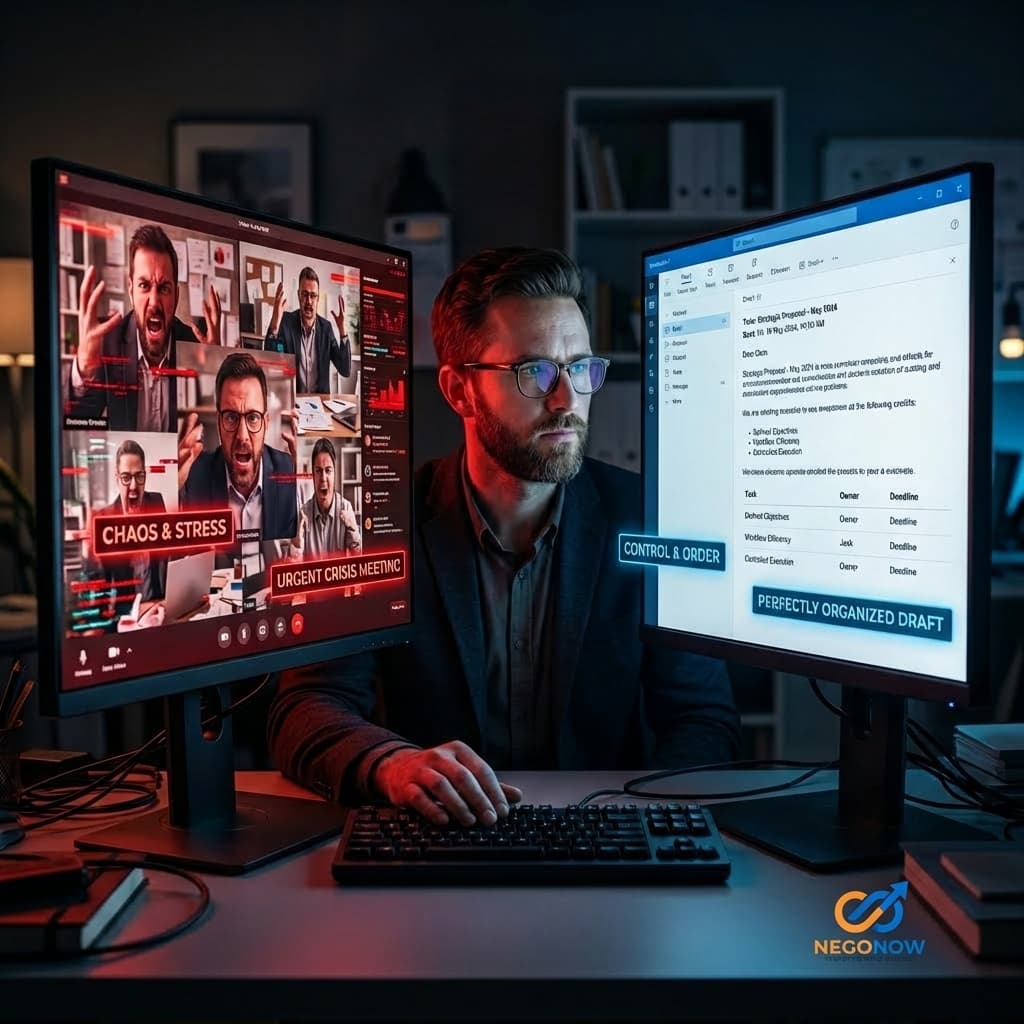 A professional looking at two screens: chaotic stress vs organized email draft.