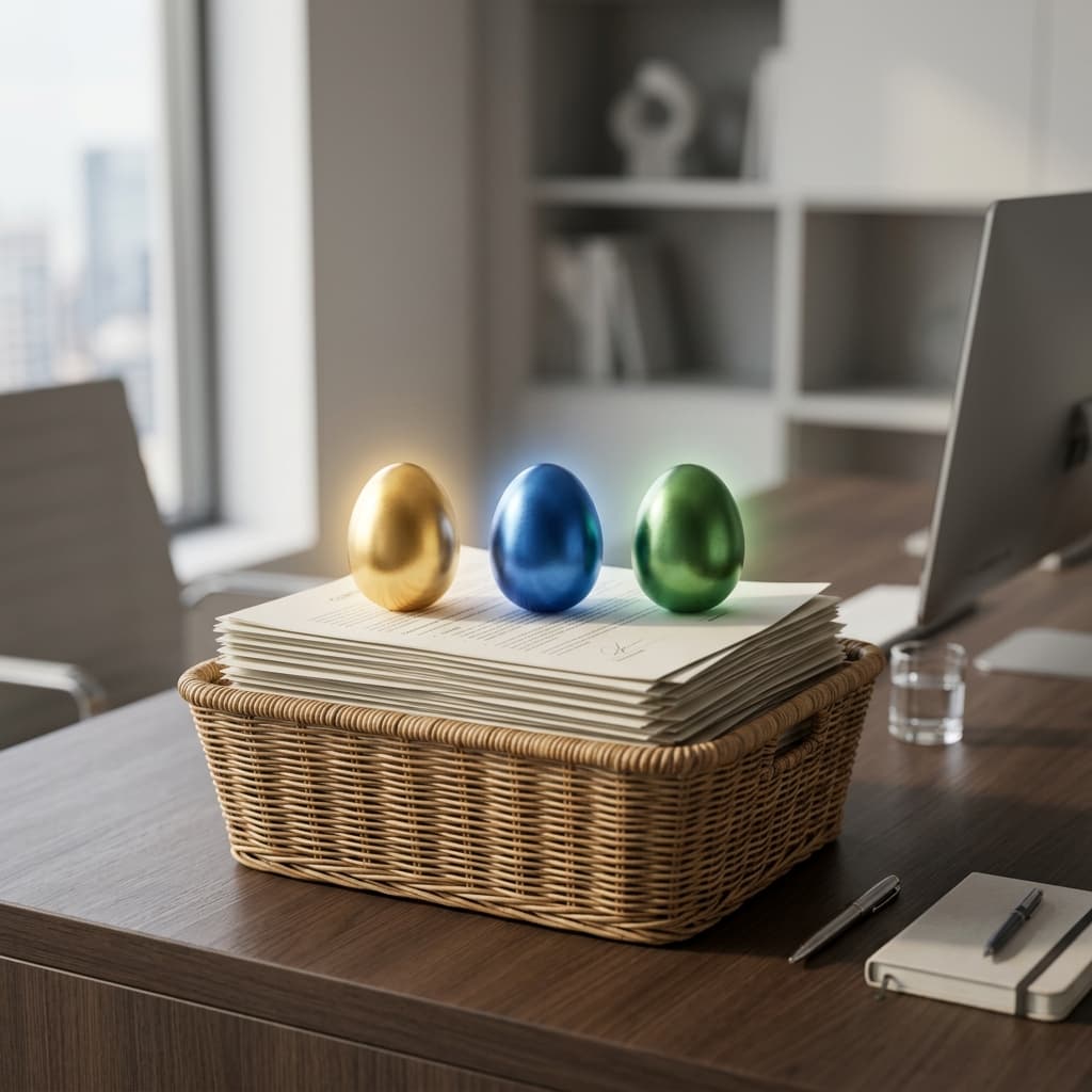 A high-end wicker basket on a professional desk containing contract papers and three glowing metallic eggs representing hidden value.