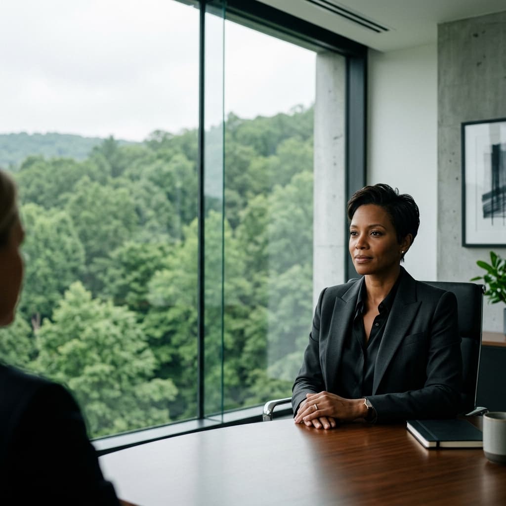 A minimalist, high-contrast photograph of a professional woman in a sleek, modern office overlooking a lush green forest. She is looking calmly at her counterpart, with her hands folded. The lighting is soft and natural. The image conveys 'quiet power' and 'strategic calm.'