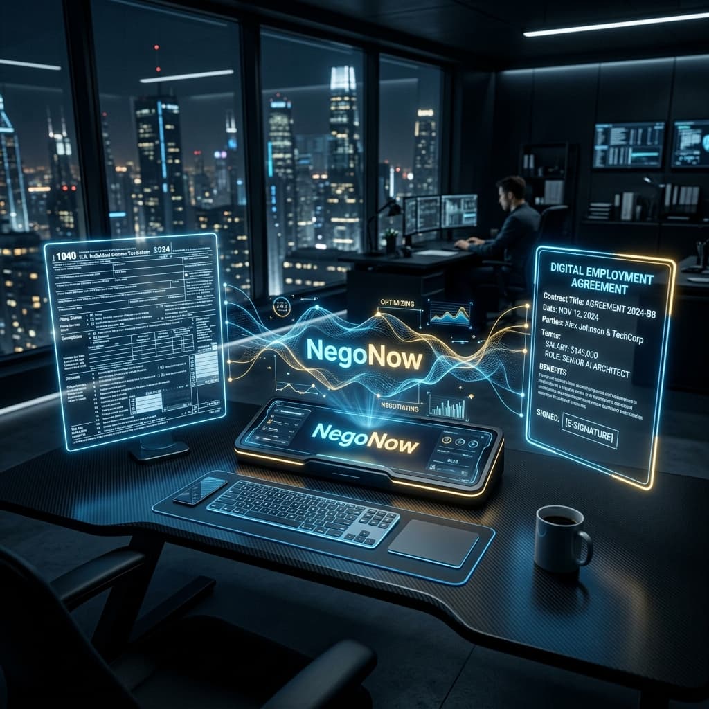 A futuristic, high-tech office desk. On one side, a holographic 1040 tax form; on the other, a glowing digital contract.